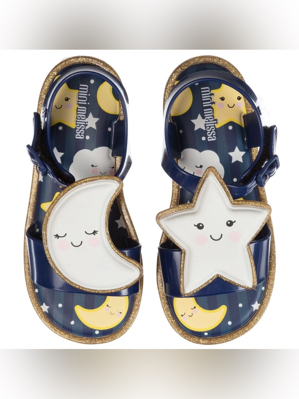 Mini Melissa Kids Navy Moon & Star Jelly Sandals with Gold Glitter Trim New - Picture 5 of 6